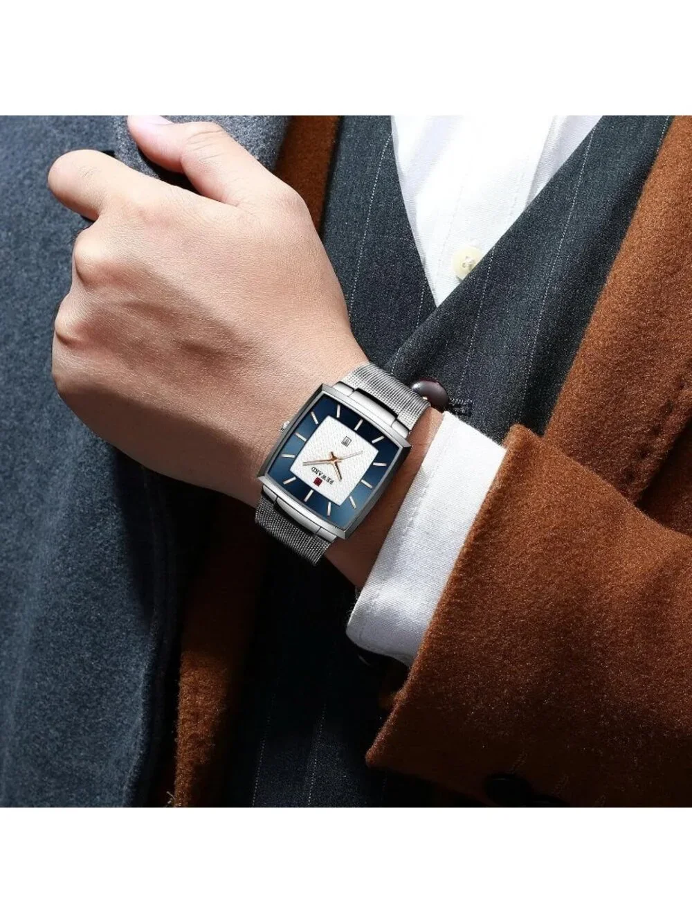 Men's Silver Gold Square Analog Quartz Stainless Steel Mesh Strap Wrist Watch